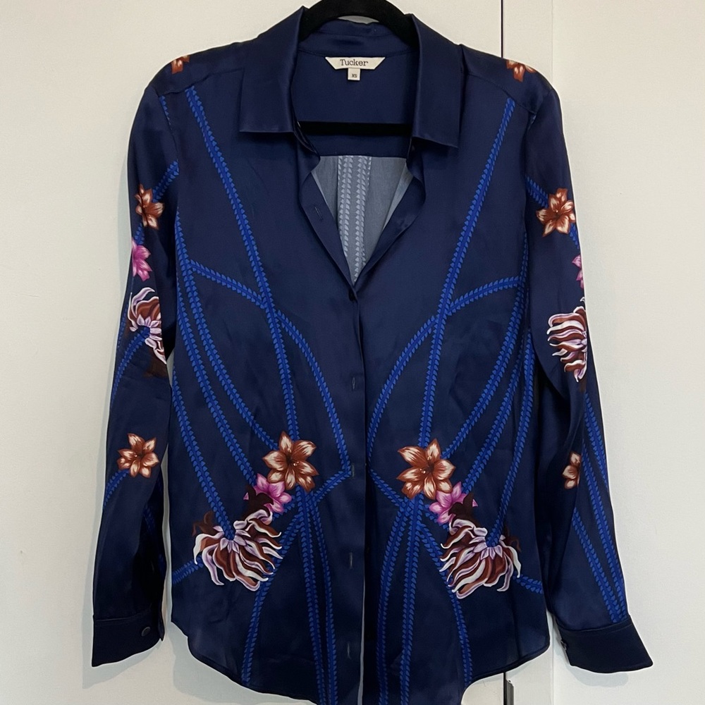Silk Navy Floral Button Up